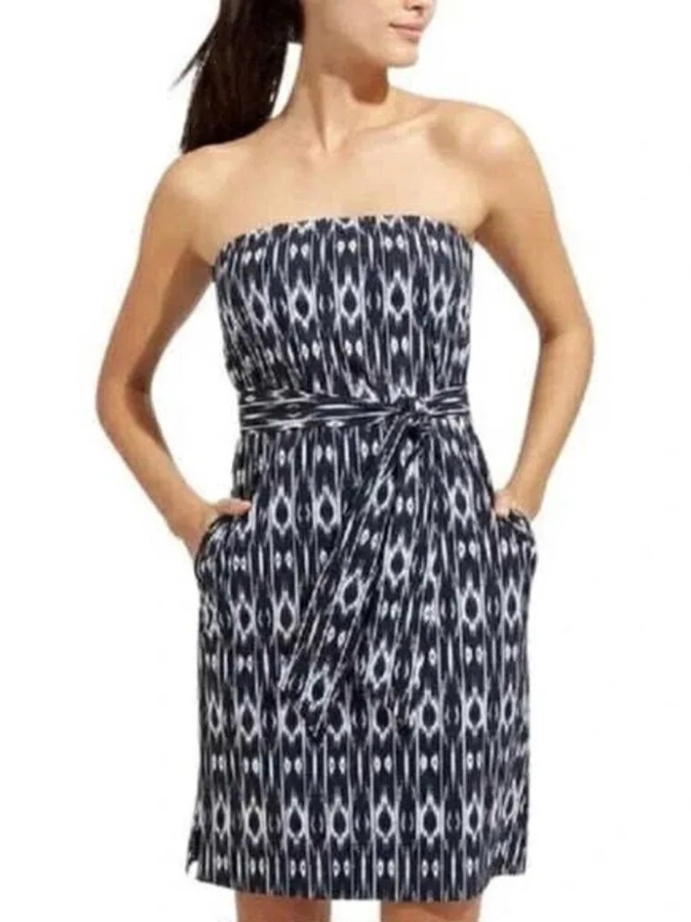 Athleta Navy & White Strapless Ikat Printed Tie-Waist Dress